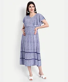 Aaruvi Ruchi Verma Half Sleeves Floral Print Lace Insert Maternity Dress - Blue