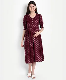 Aaruvi Ruchi Verma Three Fourth Sleeves Polka Print Maternity Dress - Maroon