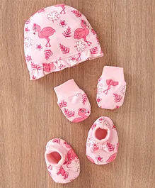 Babyoye Cotton Cap Mittens & Booties Set Printed Pink - Diameter 12 cm