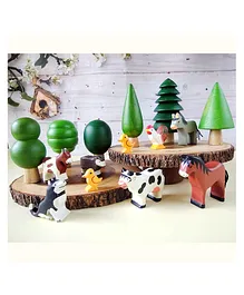 Taruh Kids Wooden Farm Animals & Trees Figures Set - Multicolour
