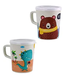 Wishkey Bamboo Fibre Multipurpose Cups With Lid Cartoon Animal Print Pack of 2 Multicolour - 380 ml Each