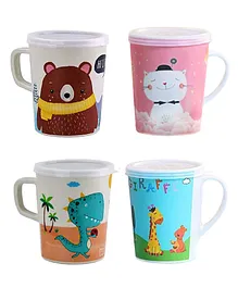 Wishkey Bamboo Fibre Multipurpose Cups With Lid Cartoon Animal Print Pack of 4 Multicolour - 380 ml Each