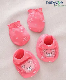 Babyoye Cotton Eco Jiva Finish Mittens & Booties Set Printed - Pink