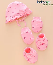 Babyoye Cotton Cap Mitten & Booties Set Floral Print Pink - Diameter 13.5 cm