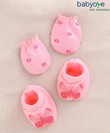 Babyoye Cotton Mittens & Booties Floral & Butterfly Print- Pink