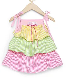 Many frocks & Sleeveless Shoulder Tie Up Checks Printed Sustainable Jhable Dress - Yellow Pink Green