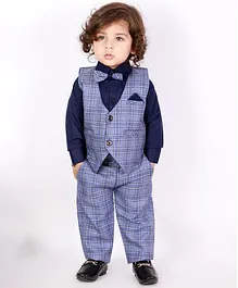 KID1 Full Sleeves And Checkered Print Party Wear Suit With Bow Tie - Grey