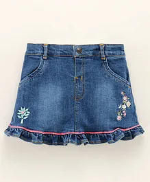 ToffyHouse Mid Thigh Denim Skirt Floral Embroidered - Blue