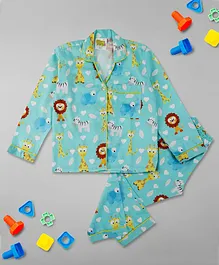 Pyjama Party Full Sleeves Into The Jungle Theme Kids Cotton Pyjama Set - Mint Green