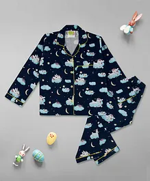 Pyjama Party Full Sleeves Bunny & Night Print Kids Cotton Pyjama Set - Navy Blue