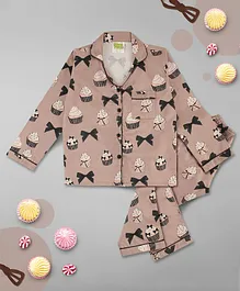 Pyjama Party Full Sleeves Cup Cake Print Kids Cotton Pyjama Set - Brown