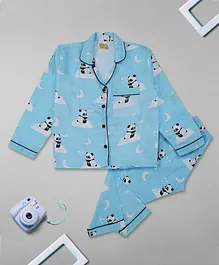 Pyjama Party Full Sleeves Dreaming Panda Printed Kids Cotton Pyjama Set - Blue