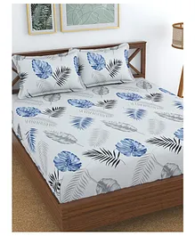 Florida 130 GSM Polycotton King Size Bedsheet With 2 Pillow Covers Leaf Print - Blue White Grey