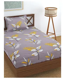 Florida 130 GSM Polycotton Single Bedsheet With 1 Pillow Cover Leaf Print - Grey Yellow White