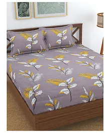 Florida 130 GSM Polycotton King Size Bedsheet With 2 Pillow Covers Leaf Print - Grey Yellow White