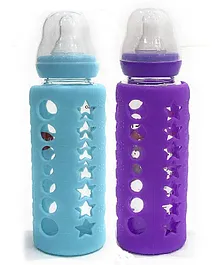 DOMENICO Ultrasoft Nipple Glass Feeding Bottle Pack of 2 Blue Purple - 240 ml each