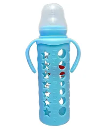 DOMENICO Ultrasoft Nipple Glass Feeding Bottle with Handle Blue - 240 ml