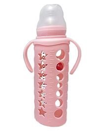 DOMENICO Ultrasoft Nipple Glass Feeding Bottle with Handle Pink - 240 ml