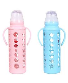 DOMENICO Ultrasoft Nipple Glass Feeding Bottle with Handle Pack of 2 Pink Blue - 240 ml each