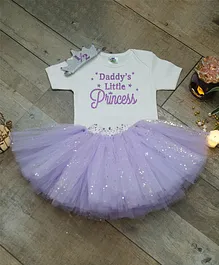 TINY MINY MEE Half Sleeves Daddys Little Princess Printed Bodysuit And Flared Skirt And Crown Hair Band Set - Lavender