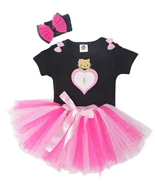 TINY MINY MEE Minnie Glitter Print & Bow Applique Bodysuit With Flared Skirt And Bow Hair Band Set - Pink