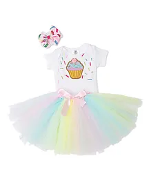 TINY MINY MEE Half Sleeves Cupcake Patch Bodysuit With Flared Skirt And Bow Hair Band Set - Multicolor