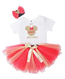 TINY MINY MEE Half Sleeves My Half Birthday And Mouse Glitter Print Bodysuit With Flared Skirt And Bow Hair Band Set - Red Gold
