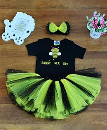 TINY MINY MEE Half Sleeves Bumble Bee Glitter Print Bodysuit With Flared Skirt And Bow Hair Band Set - Yellow Black