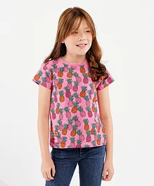 Primo Gino All Over Pineapple Print T-Shirt With Embroidery- Dark Pink