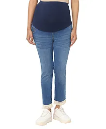 CHARISMOMIC Ankle Length Flared Maternity Jeans With Tassels - Blue