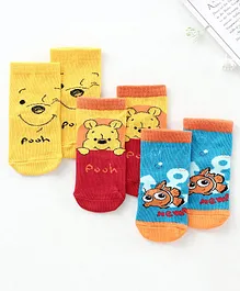Supersox Ankle Length Cotton Blend Socks Pooh Design Pack of 3 - Red Yellow Blue