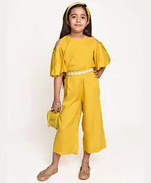 Jelly Jones Half Sleeves Solid Cold Shoulder Top  With Lace Embellished Culotte  - Yellow