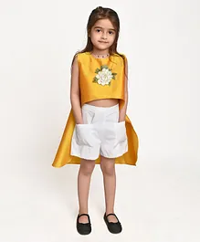 Jelly Jones Sleeveless Asymmetric Flower Embellished Top And  Shorts With Pockets - Yellow