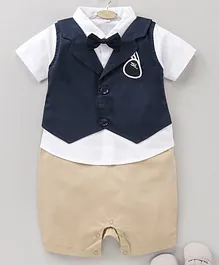 Mark & Mia Party Wear Half Sleeves Romper With Attached Waistcoat & Bow - Navy Blue White Khaki