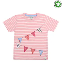 Lilly + Sid Half Sleeves Striped T-Shirt with Triangle Patch - Pink