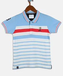 Monte Carlo Half Sleeves Palm Tree & Surfboard Placement Embroidered Striped Polo Tee - Blue