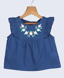 Beebay Flutter Sleeves Floral Embroidered Ruffle Top - Blue
