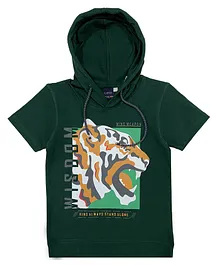 CAVIO Half Sleeves Tiger Printed Hooded Tee - Green