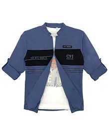 CAVIO Full Sleeves Jacket With Text Printed Tee - Blue