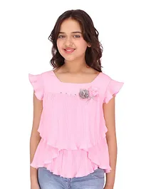 Cutecumber Accordion Detail Cap Sleeves Floral And Beads Embellished Top - Pink