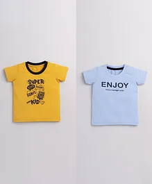 Orange Republic Pack Of 2 Text Print Half Sleeves Tees - Mustard & Sky Blue