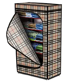 Fiddlerz Multipurpose 6 Shelves Collapsible Folding Wardrobe Check Print - Multicolor