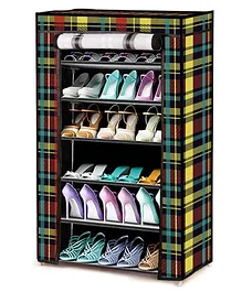 Fiddlerz Multipurpose Portable ShoeRack 6 Shelves Storage Organizer Collapsible Shoes Shelf Shoes Cabinet with Cover Easy Installation Stand for Shoes Non Woven Fabric Plaided - Multicolour
