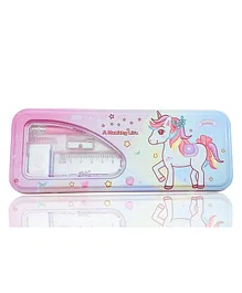 Emob Metal Double Layer Pencil Box with Stationary Unicorn Theme - Multicolour