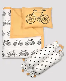 Oranges And Lemons Organic Cotton 3 Pieces Cot Bedding Set With Quilt Lets Go Cycling Print - Yellow