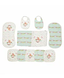 Snuggly Spaces Bamboo Muslin Essentials Set Miss Bella The Unicorn Print Pack Of 11 - Green White 
