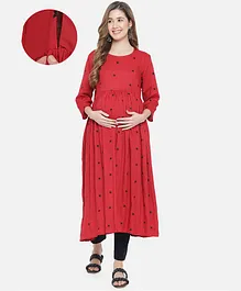 Aujjessa Three Fourth Sleeves Embroidered Flared Maternity Kurta With Side Pockets - Maroon