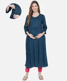 Aujjessa Three Fourth Sleeves Embroidered Flared Maternity Kurta With Side Pockets - Teal Blue