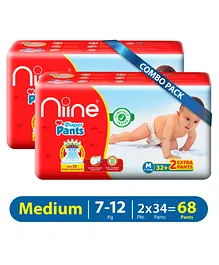 NIINE Cottony Soft Baby Diaper Pants with Wetness Indicator and Disposal Tape Medium Pack of 2 - 68 Pieces
