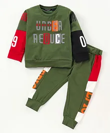 Amigos Full Sleeves Text Printed Sweatshirt & Joggers Set - Military Green